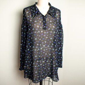 Chiffon Snap Sheer Floral Long Sleeve Blouse